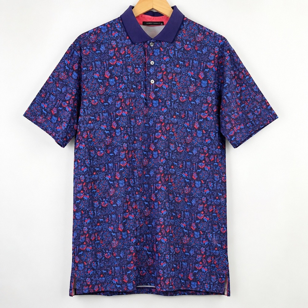 Greyson Mens XL Polo Shirt Blue Purple Floral Wildlife Golf Short Sleeve Stretch